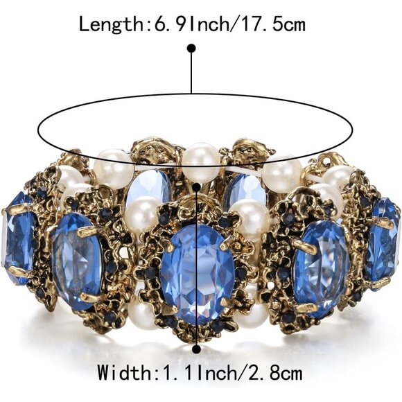 Women's Blue Gold Victorian Style Crystal Simulated Inspired Stretch Bracelet - Picture 5 of 6